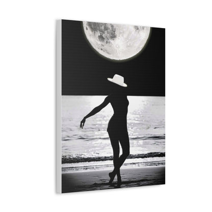 Silhouette at Moonlight – Beach Woman Stretched Canvas Wall Art