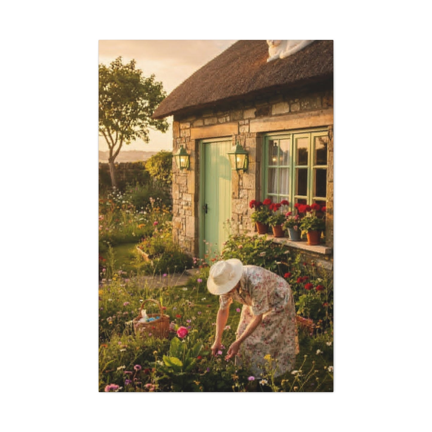 Cottage Garden Canvas Print — Woman Tending Flowers Matte Stretched Wall Art
