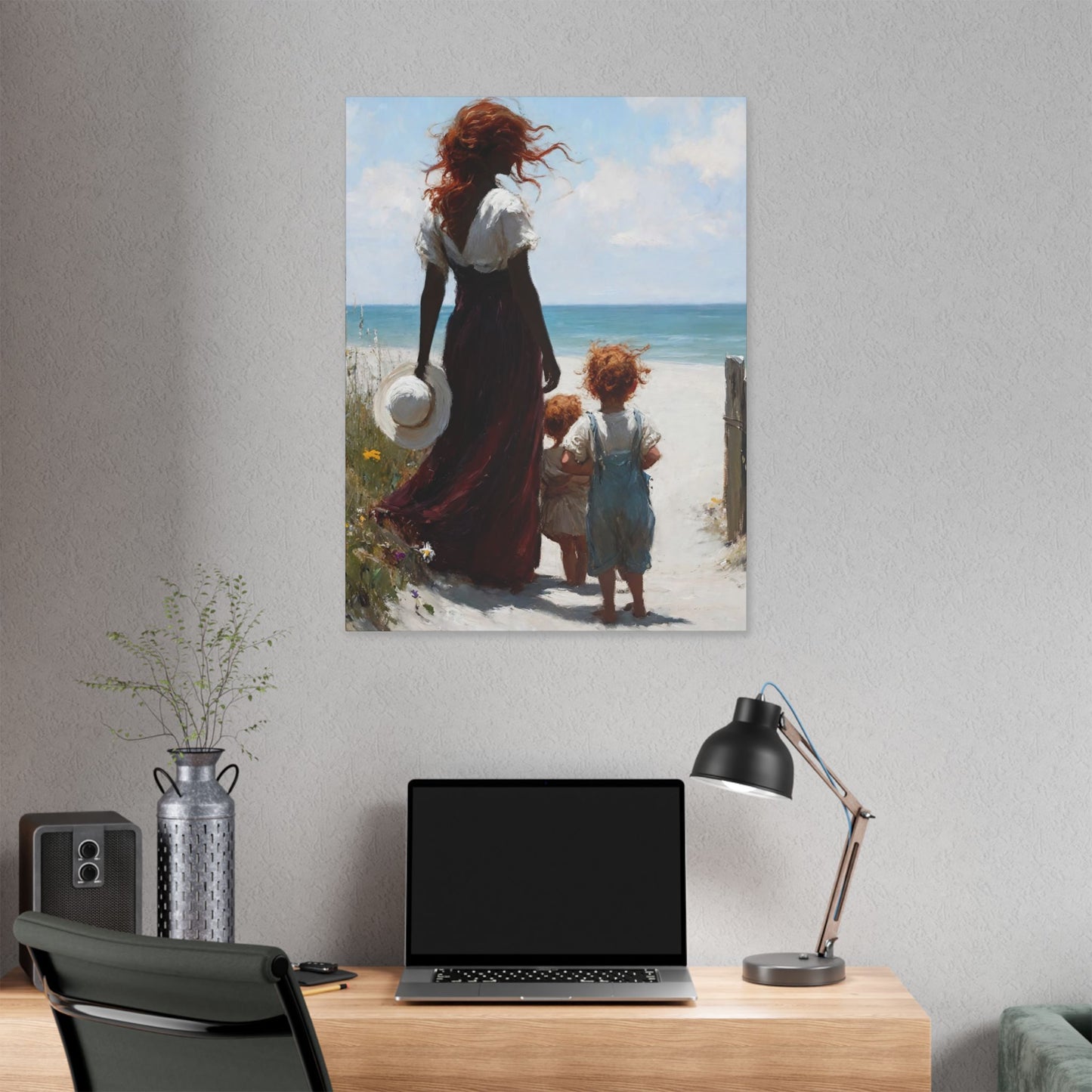 Beach Walk Canvas Print — Mother and Children Seaside Wall Art