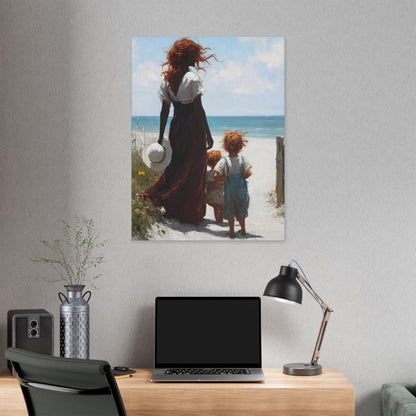 Beach Walk Canvas Print — Mother and Children Seaside Wall Art