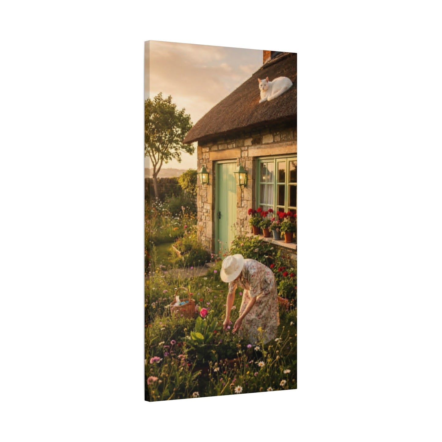 Cottage Garden Canvas Print — Woman Tending Flowers Matte Stretched Wall Art