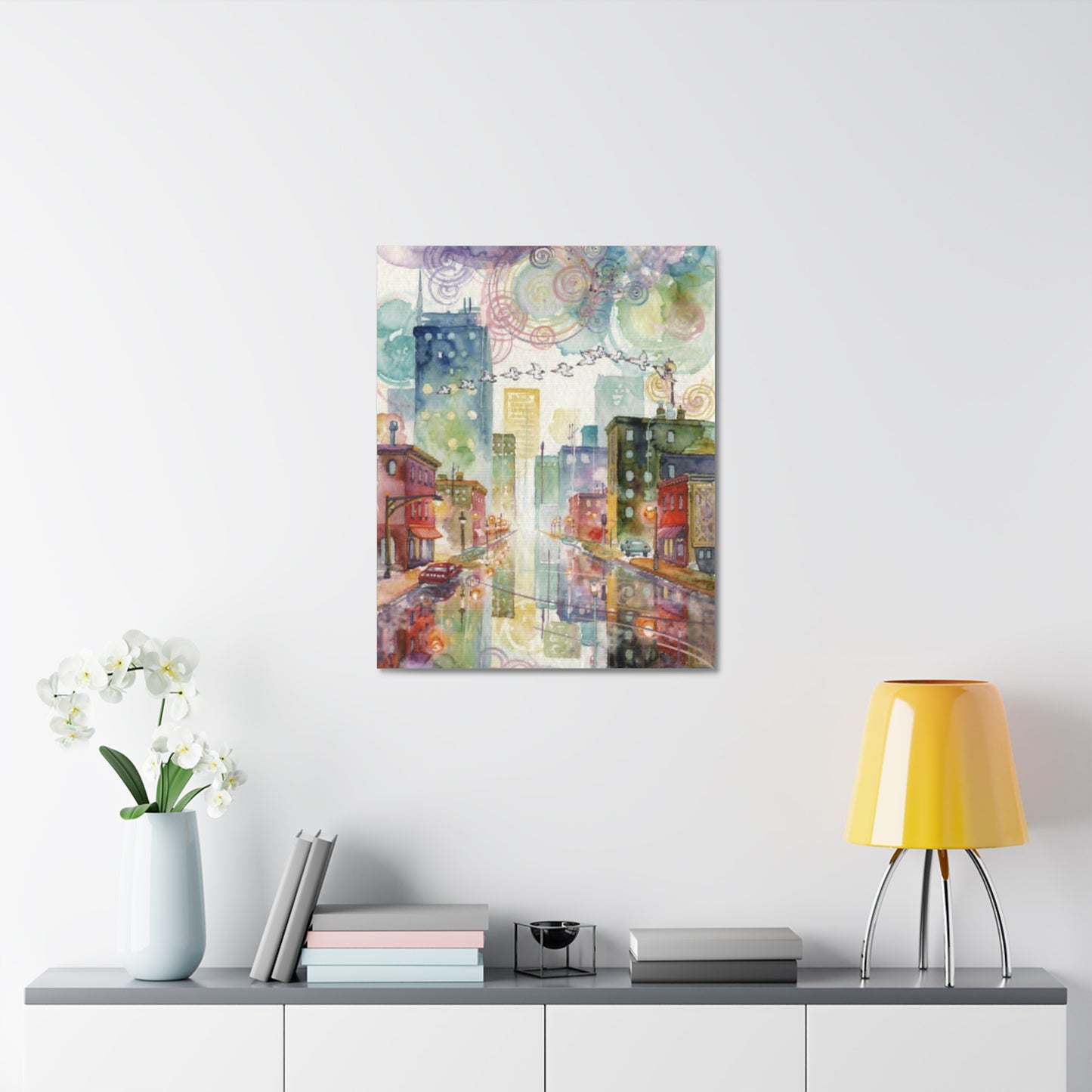 Cityscape Watercolor Stretched Canvas Wall Art — Dreamy Urban Skyline