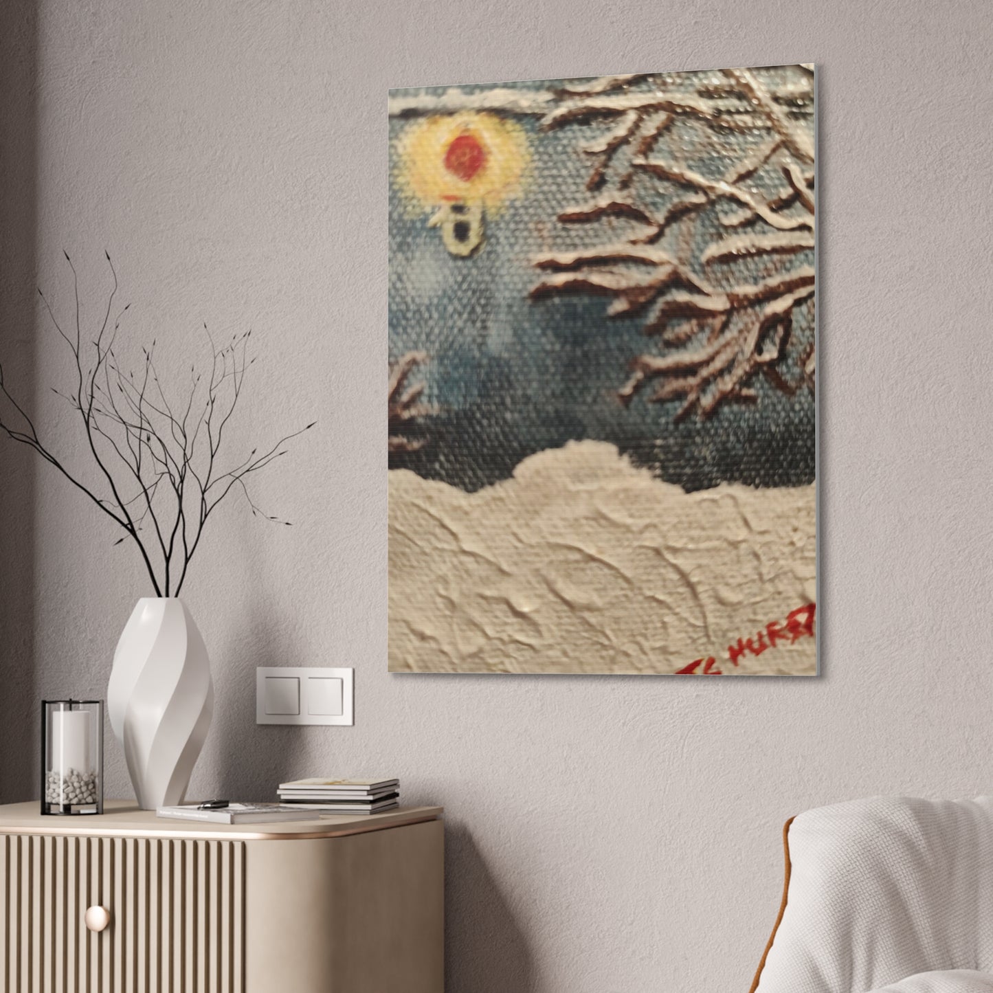 Winter Night Canvas Art – Stretched 0.75" Snowy Tree & Lantern Wall Print