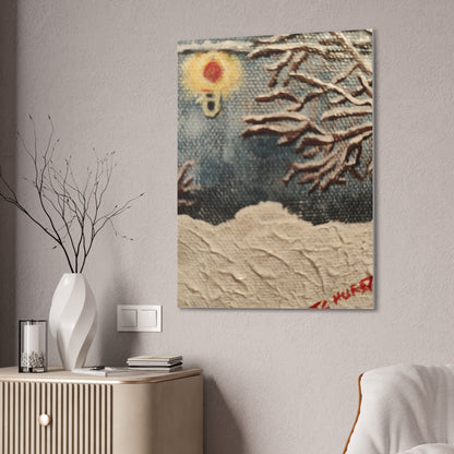 Winter Night Canvas Art – Stretched 0.75" Snowy Tree & Lantern Wall Print