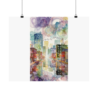 Watercolor Cityscape Matte Poster — Vibrant Urban Street Art Print