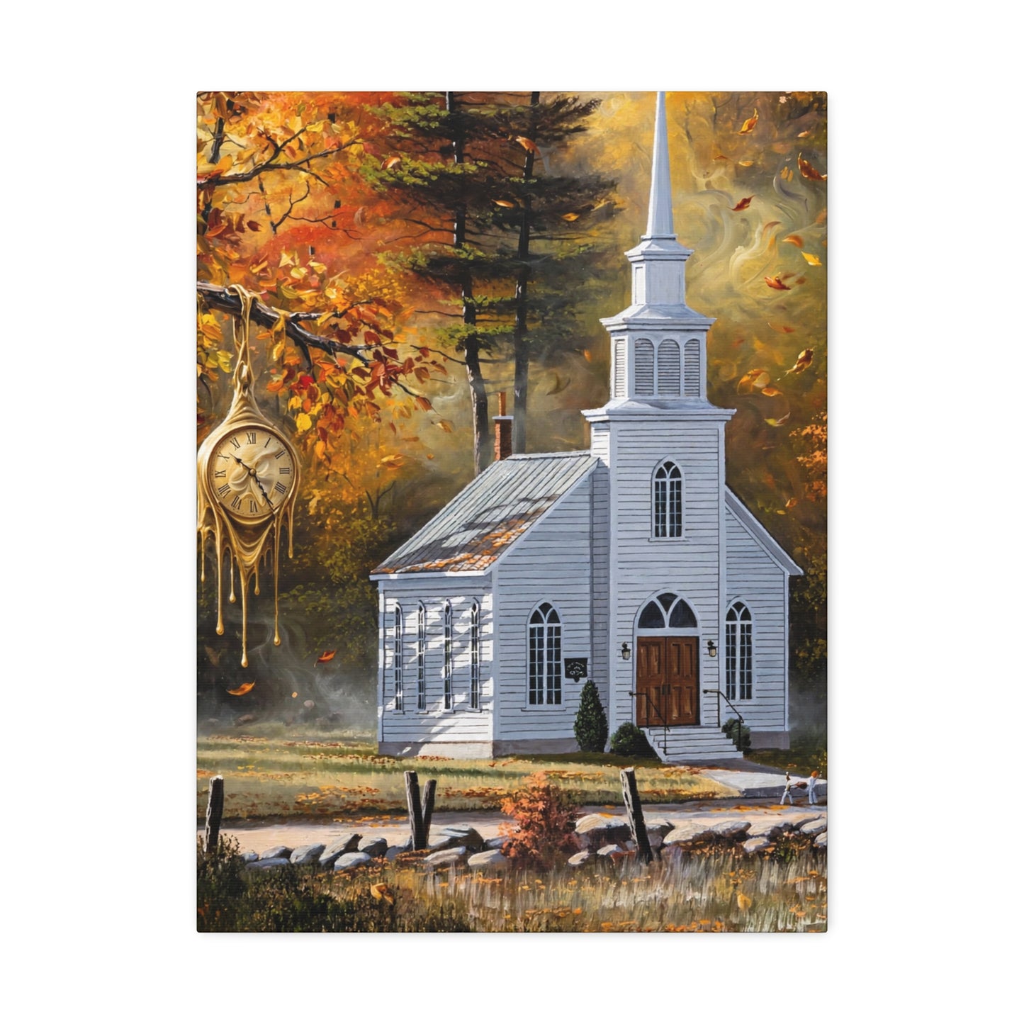 Autumn Chapel Stretched Canvas – Fall Church Wall Art