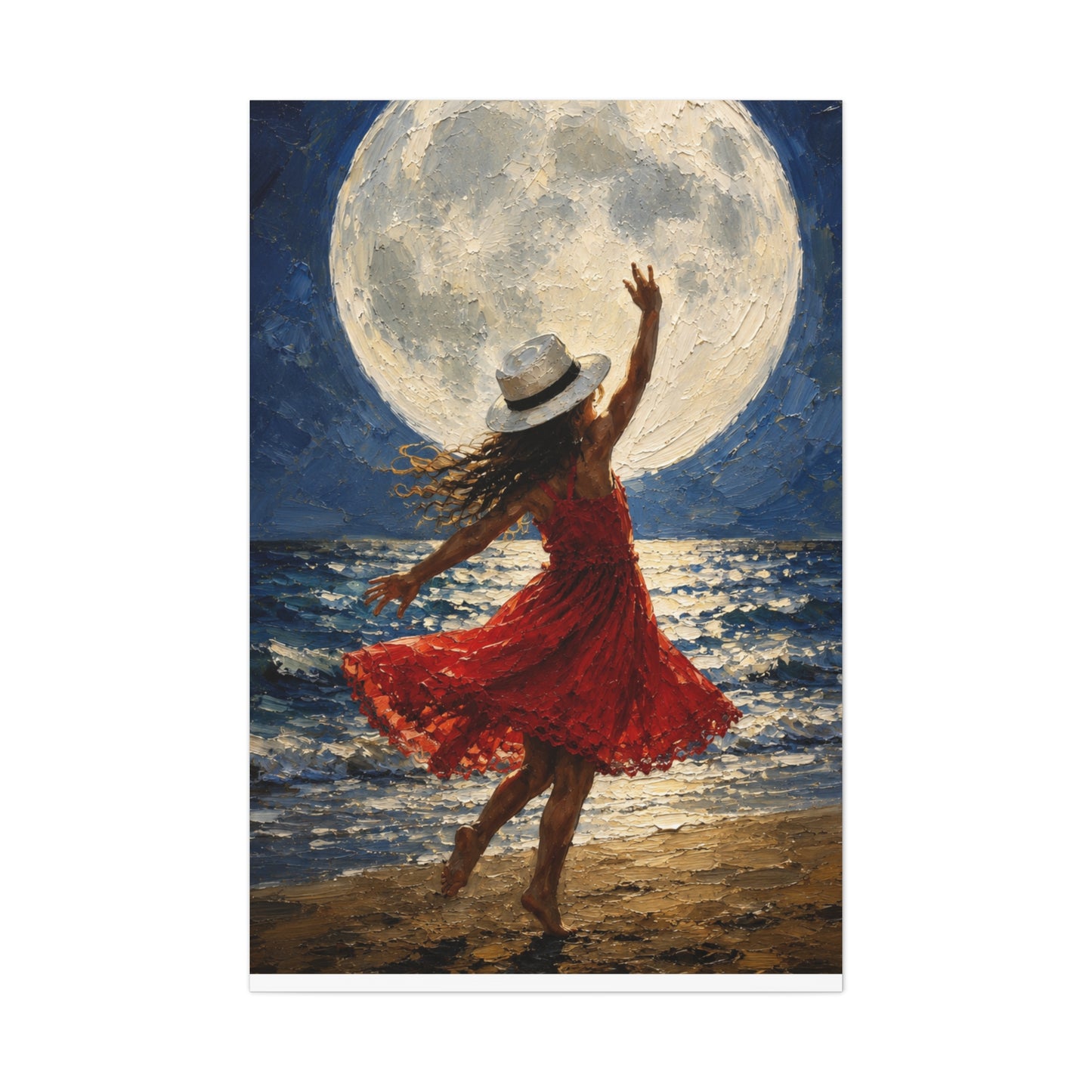 Moonlit Dance Canvas Wall Art – Woman in Red Dress Beach Painting