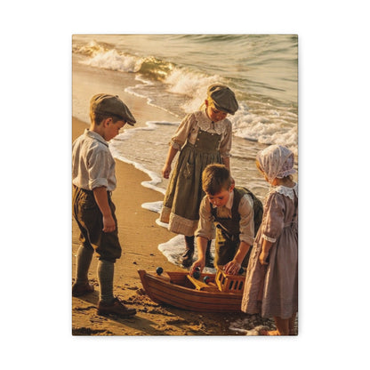 Vintage Children at the Beach Matte Canvas Wall Art (Stretched 1.25")