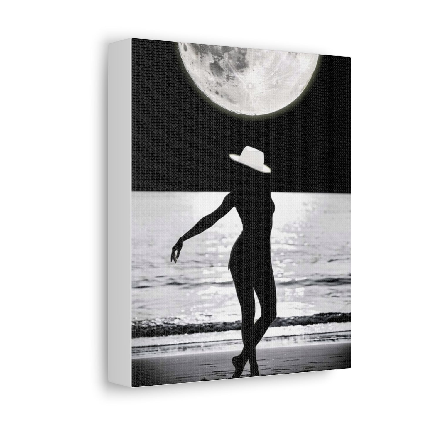 Silhouette at Moonlight – Beach Woman Stretched Canvas Wall Art