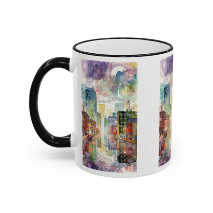 Abstract Cityscape Accent Rim Mug – Colorful Urban Watercolor Coffee Cup (11oz/15oz)
