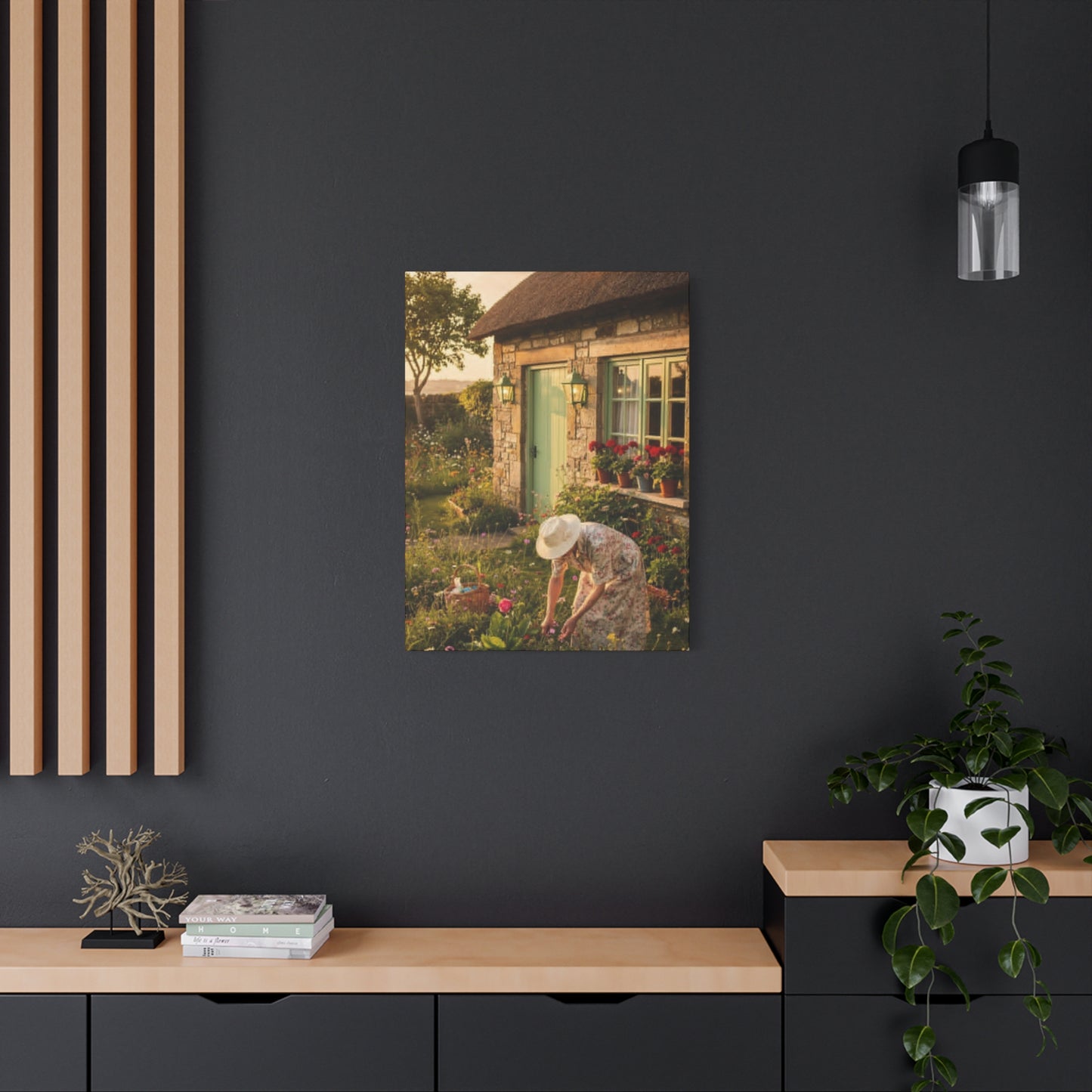 Cottage Garden Canvas Print — Woman Tending Flowers Matte Stretched Wall Art