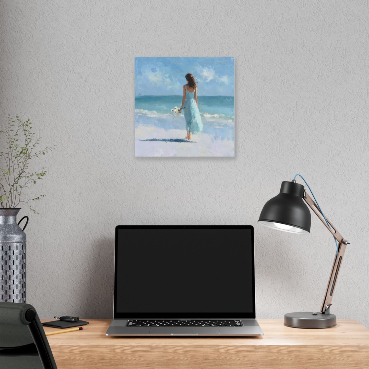 Coastal Serenity Canvas – Woman in Blue Beach Wall Art