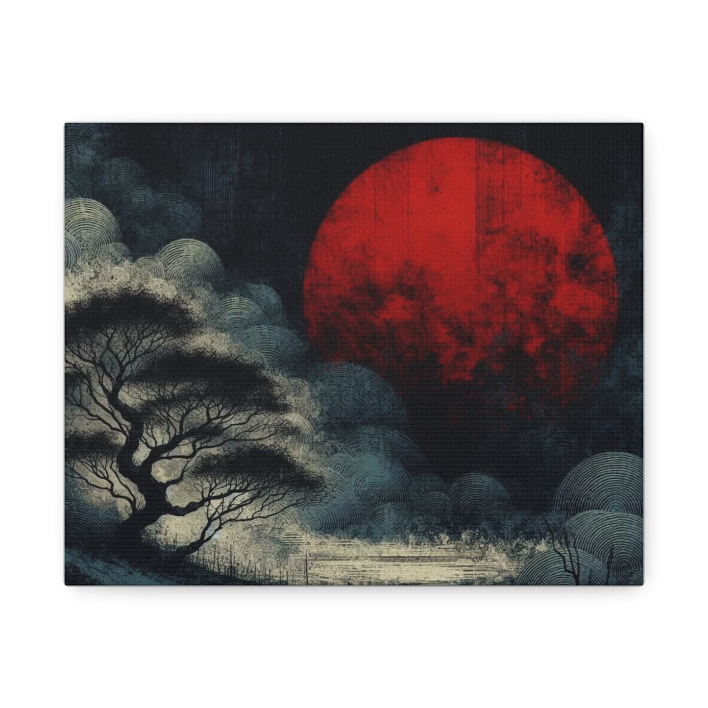 Red Moon Canvas Art — Japanese-Inspired Landscape Stretched Canvas