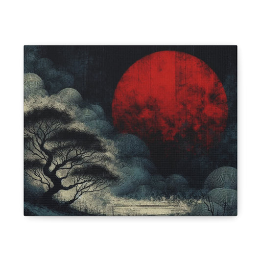 Red Moon Canvas Art — Japanese-Inspired Landscape Stretched Canvas