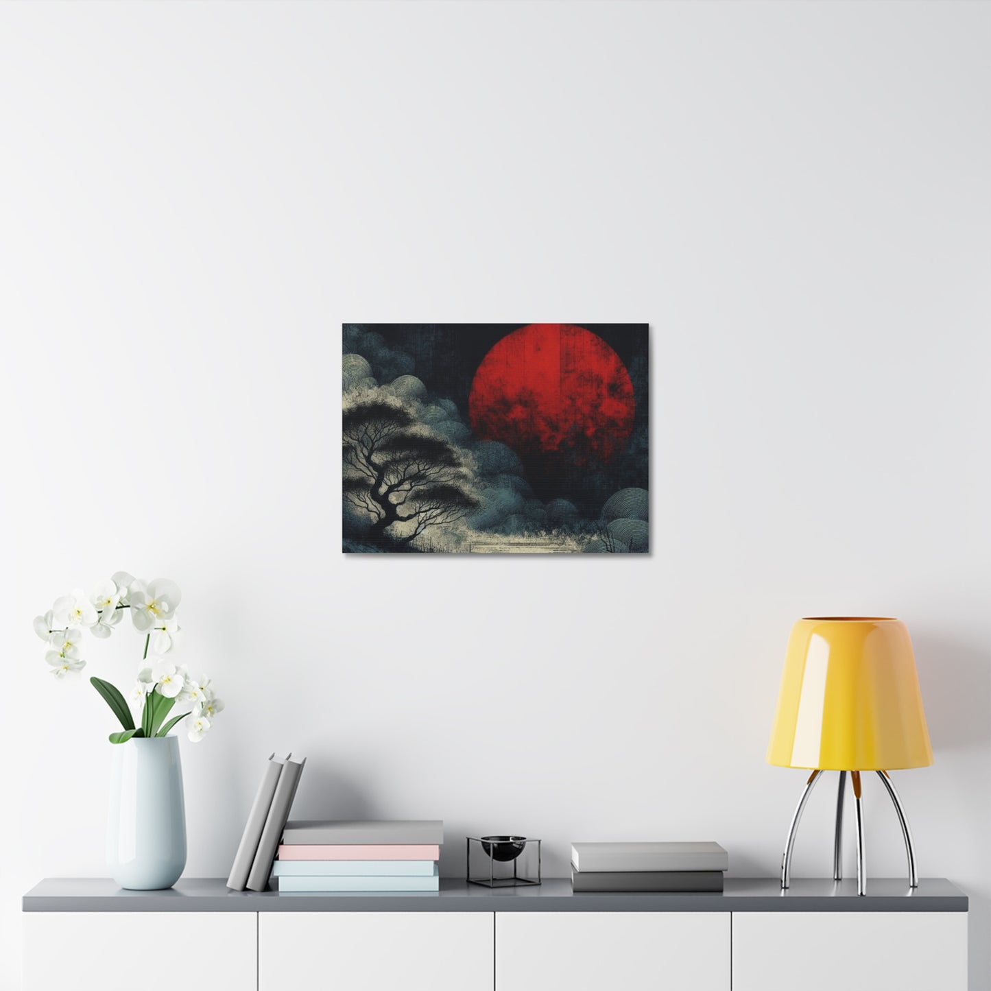 Red Moon Canvas Art — Japanese-Inspired Landscape Stretched Canvas