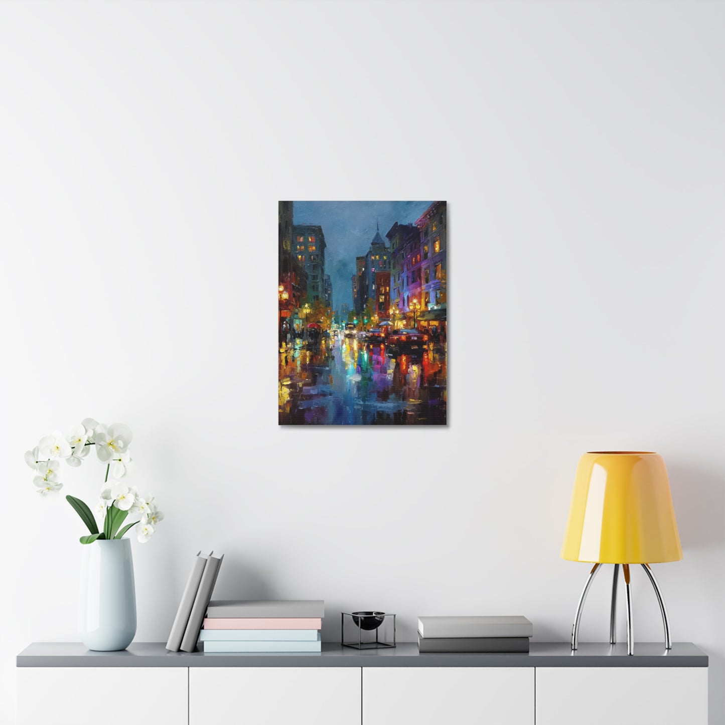 City Nightscape Stretched Canvas – Vibrant Rainy Street Urban Wall Art