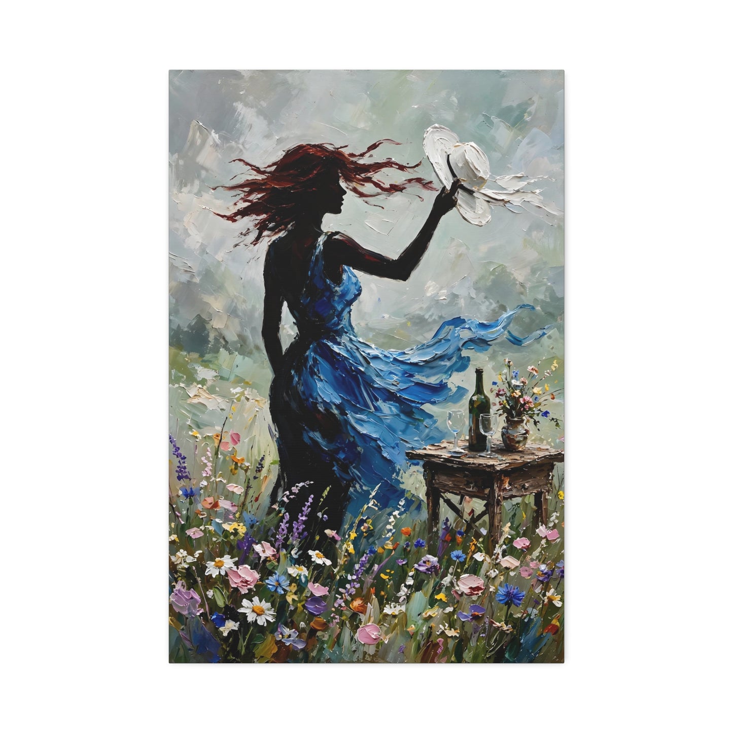 Canvas Wall Art – 'Windy Day' Woman in Blue Dress Painting (Stretched Canvas)