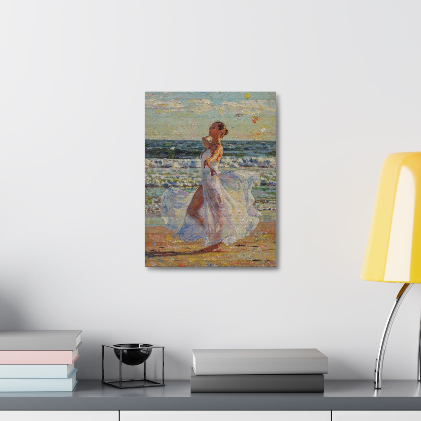 Beach Stroll Canvas Print — Woman in Flowing White Dress Seaside Wall Art