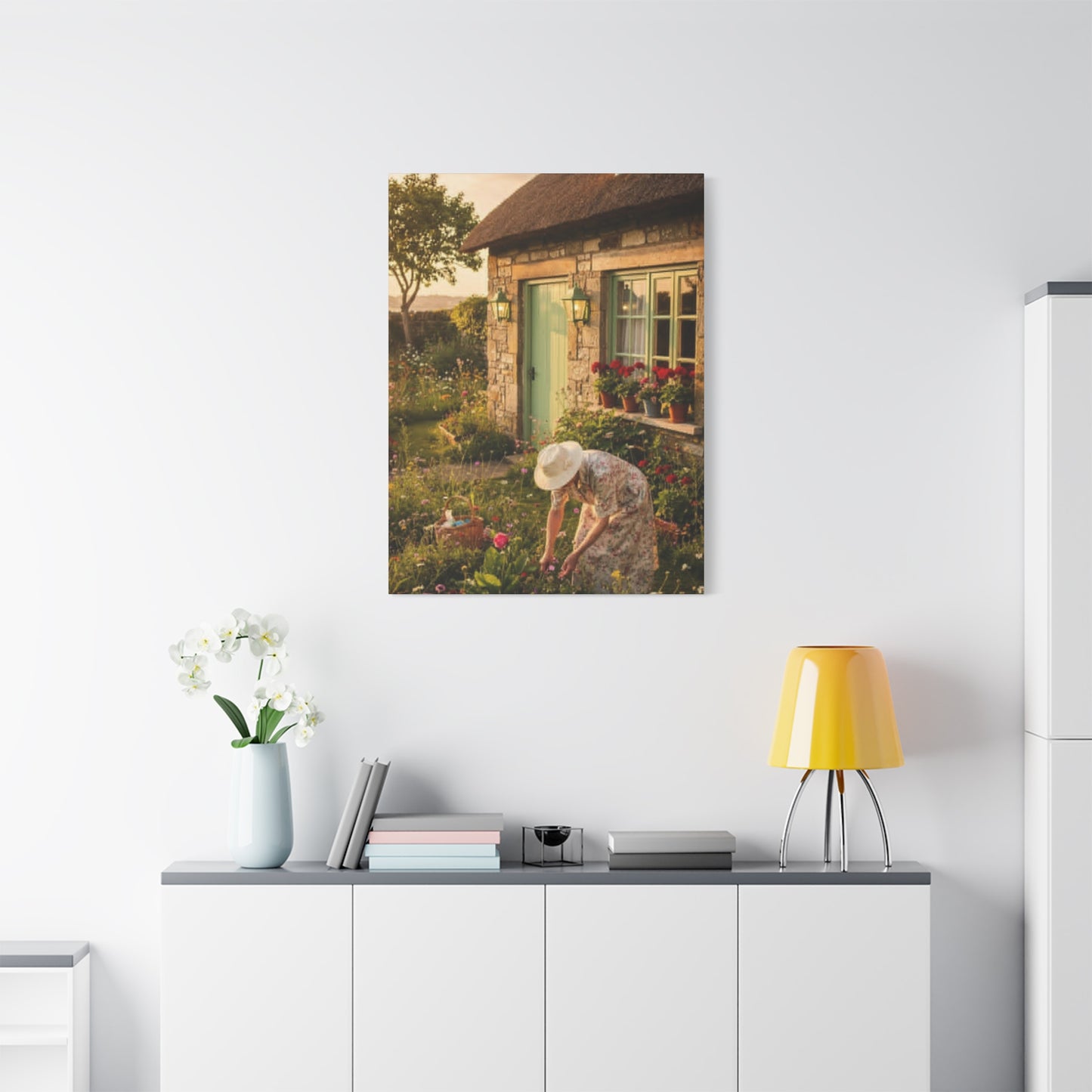 Cottage Garden Canvas Print — Woman Tending Flowers Matte Stretched Wall Art
