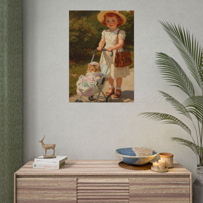 Vintage Girl with Stroller Rolled Poster – Charming Nursery Wall Art