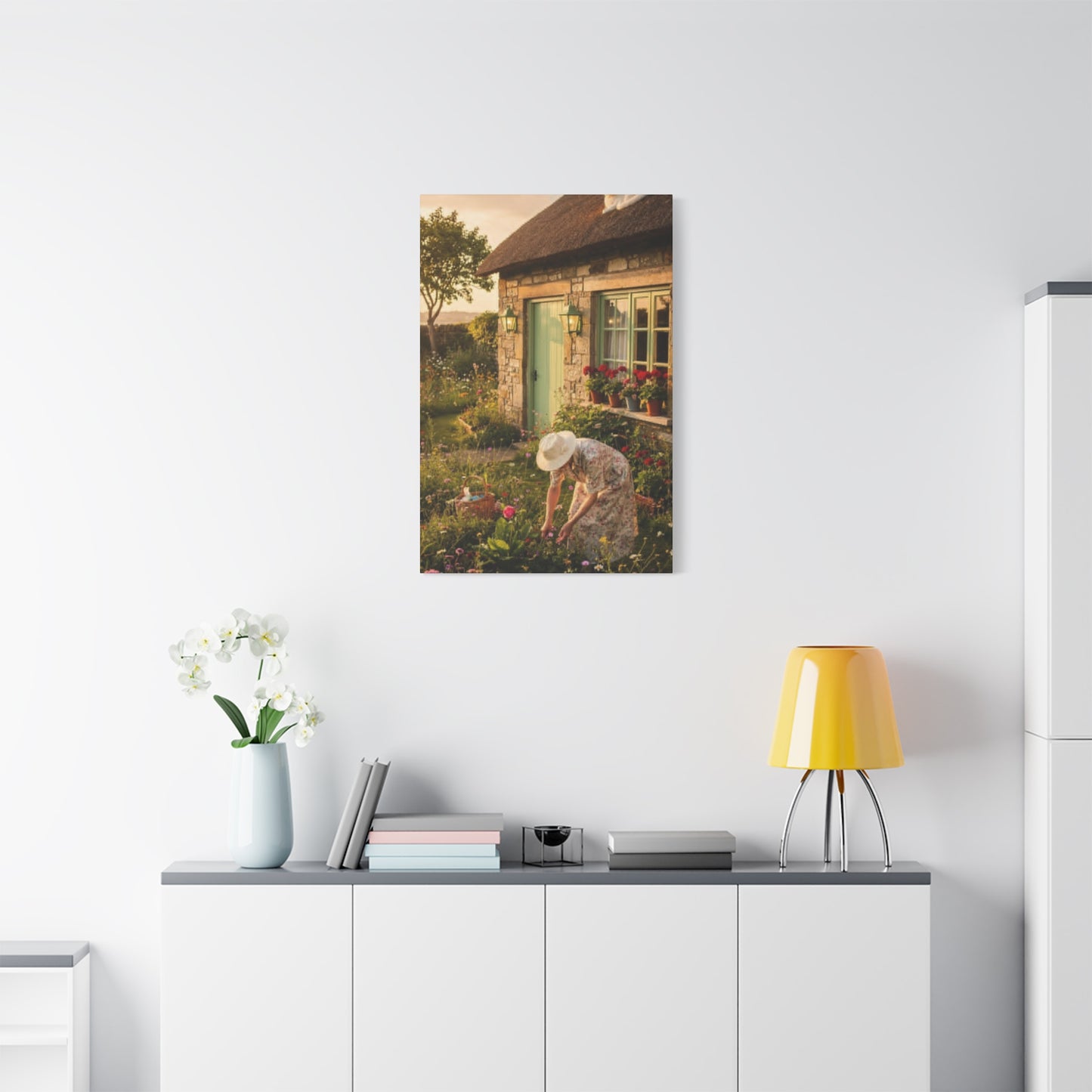 Cottage Garden Canvas Print — Woman Tending Flowers Matte Stretched Wall Art