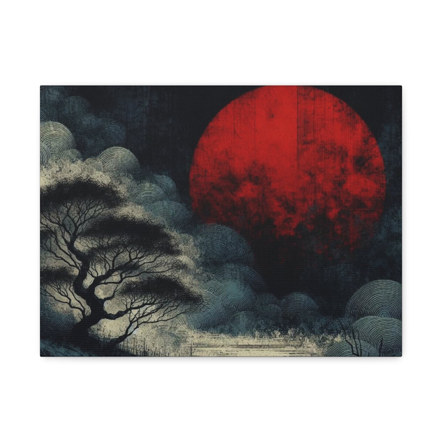 Red Moon Canvas Art — Japanese-Inspired Landscape Stretched Canvas