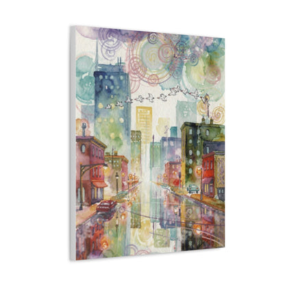 Cityscape Watercolor Stretched Canvas Wall Art — Dreamy Urban Skyline