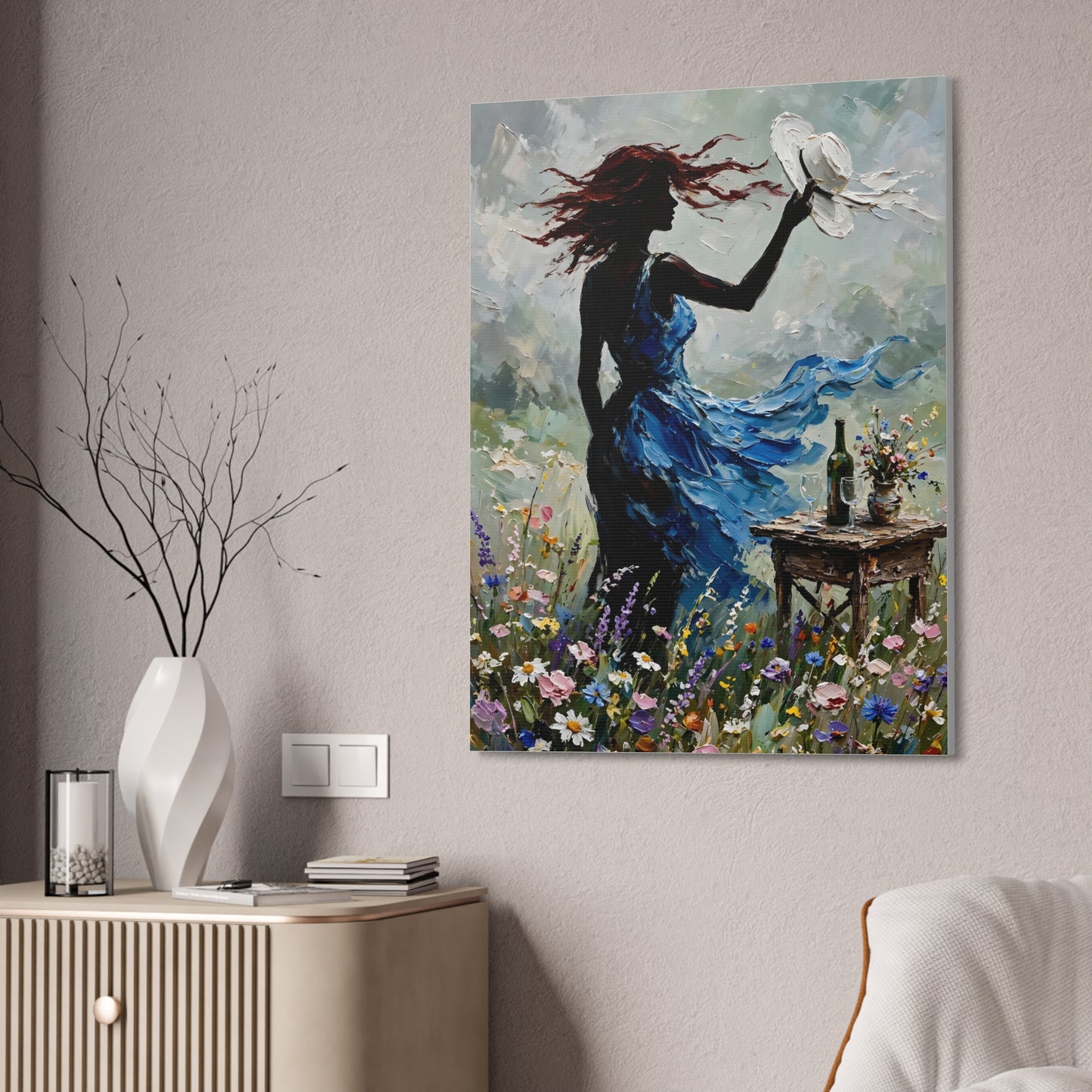 Canvas Wall Art – 'Windy Day' Woman in Blue Dress Painting (Stretched Canvas)