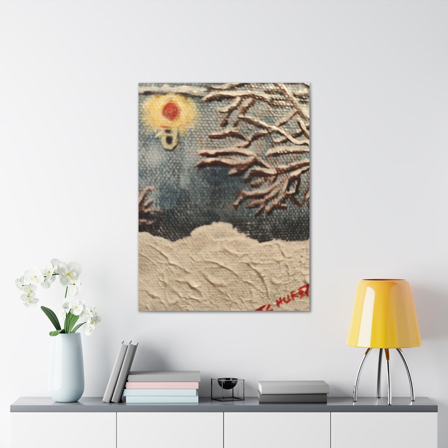 Winter Night Canvas Art – Stretched 0.75" Snowy Tree & Lantern Wall Print