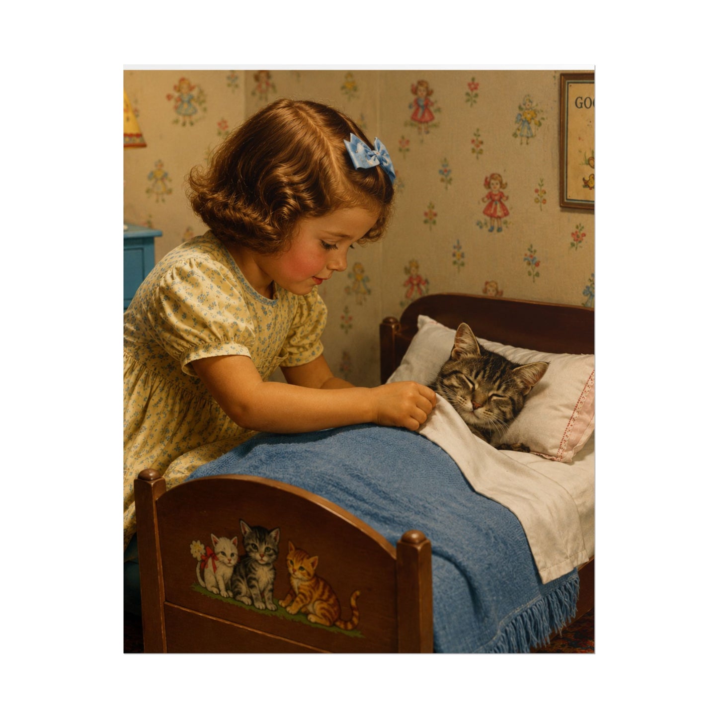 Vintage Nursery Poster — Girl Tucking Kitten into Bed (Rolled Poster)
