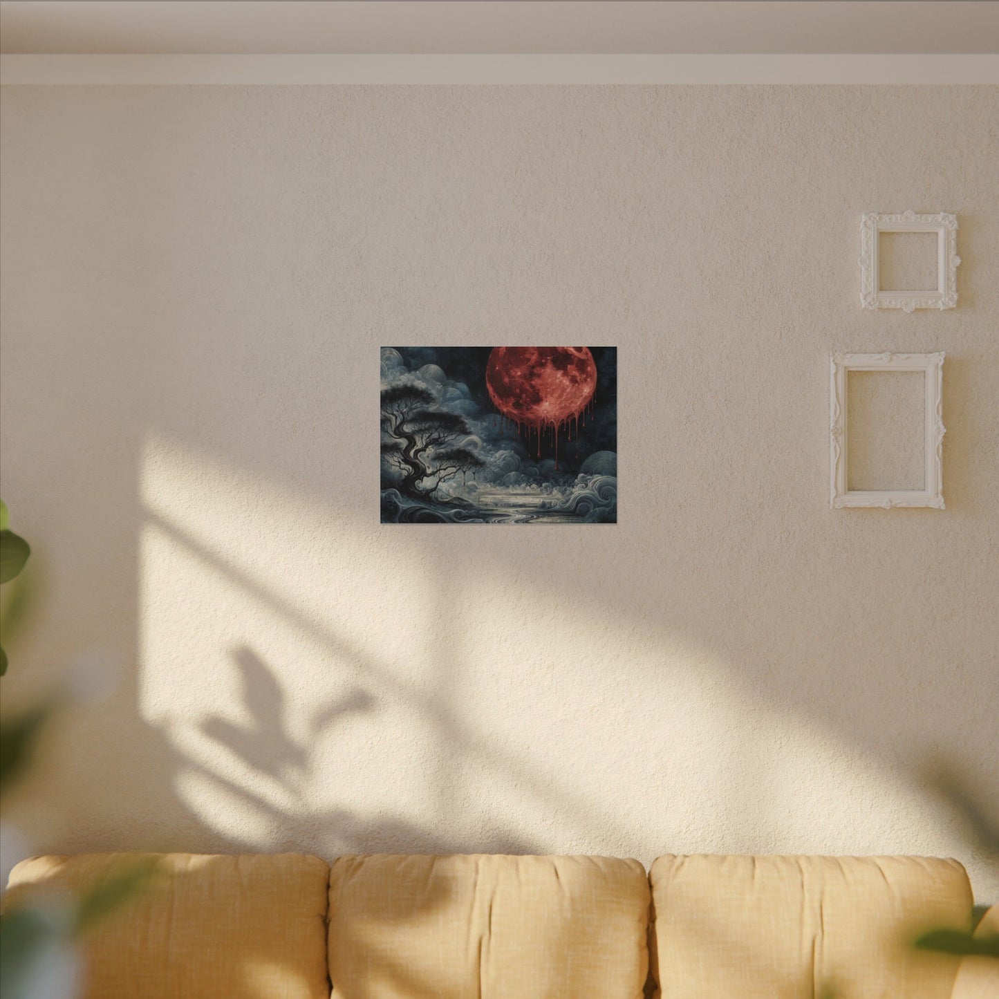 Blood Moon Canvas Art – Dripping Red Moon Over Misty Landscape, Matte Stretched Wall Art