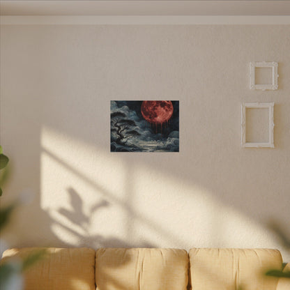 Blood Moon Canvas Art – Dripping Red Moon Over Misty Landscape, Matte Stretched Wall Art