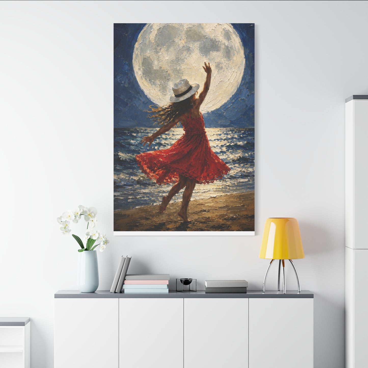 Moonlit Dance Canvas Wall Art – Woman in Red Dress Beach Painting