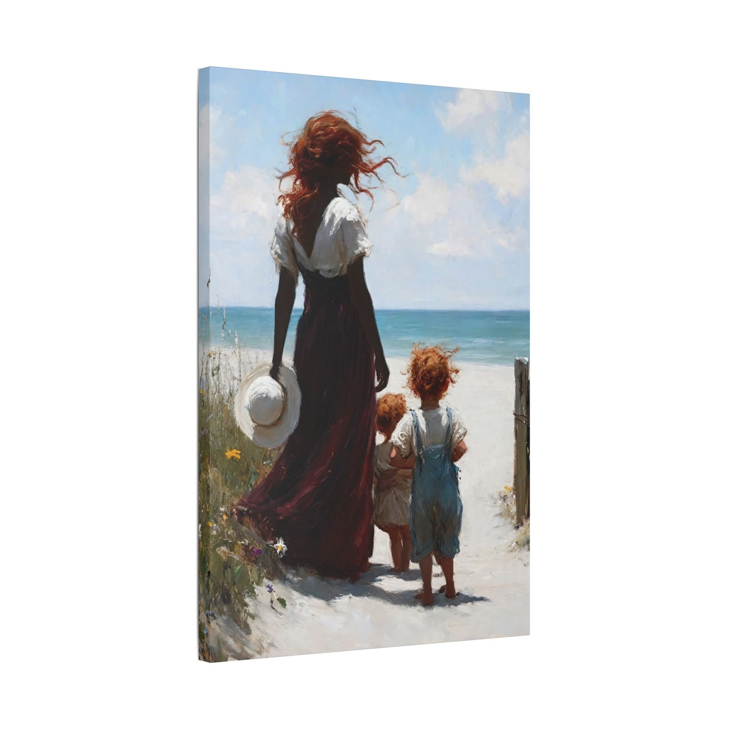 Beach Walk Canvas Print — Mother and Children Seaside Wall Art