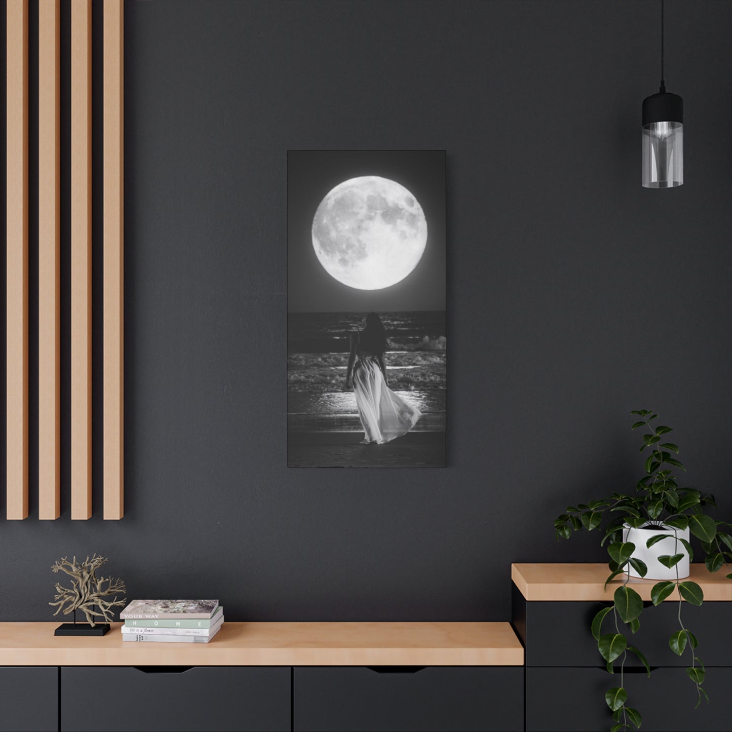 Moonlit Beach Canvas Wall Art — Woman Walking Toward Full Moon (Black & White)