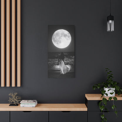 Moonlit Beach Canvas Wall Art — Woman Walking Toward Full Moon (Black & White)