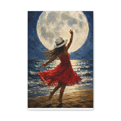 Moonlit Dance Canvas Wall Art – Woman in Red Dress Beach Painting