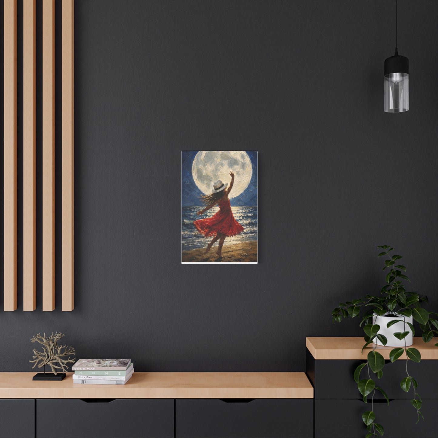 Moonlit Dance Canvas Wall Art – Woman in Red Dress Beach Painting