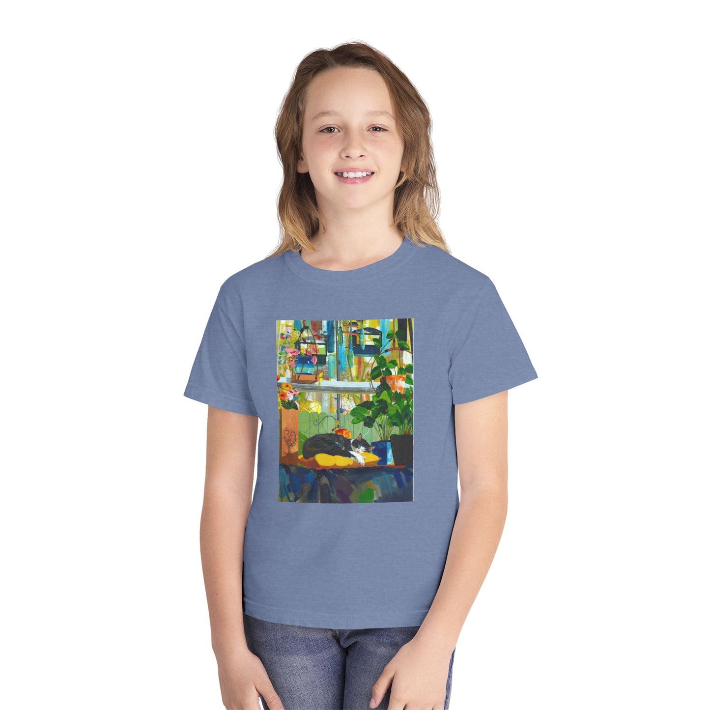 Youth Tee — Cozy Window Cat Print