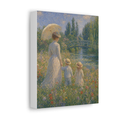 Impressionist Garden Stretched Canvas – Woman & Children by the Water