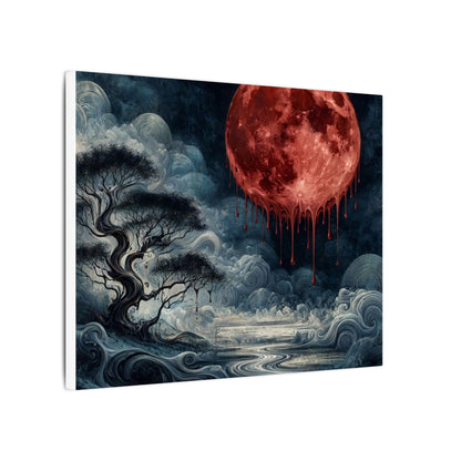 Blood Moon Canvas Art – Dripping Red Moon Over Misty Landscape, Matte Stretched Wall Art