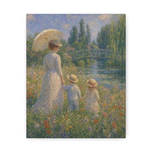 Impressionist Garden Stretched Canvas – Woman & Children by the Water