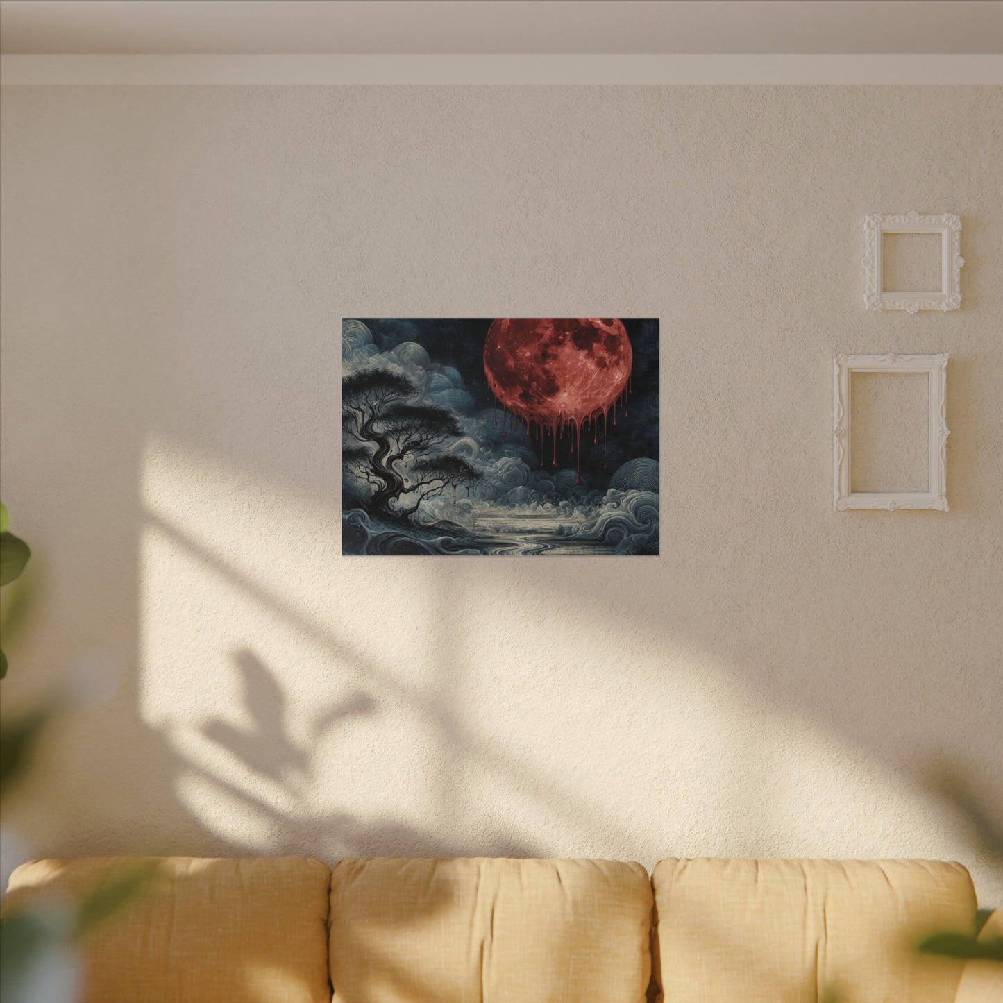 Blood Moon Canvas Art – Dripping Red Moon Over Misty Landscape, Matte Stretched Wall Art
