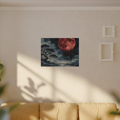 Blood Moon Canvas Art – Dripping Red Moon Over Misty Landscape, Matte Stretched Wall Art