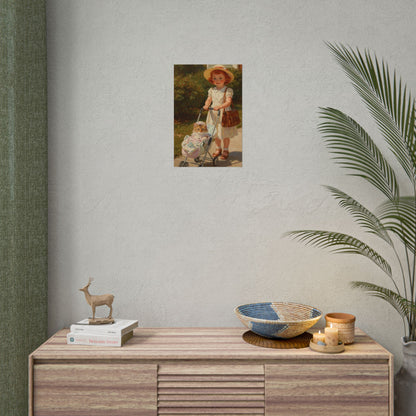 Vintage Girl with Stroller Rolled Poster – Charming Nursery Wall Art