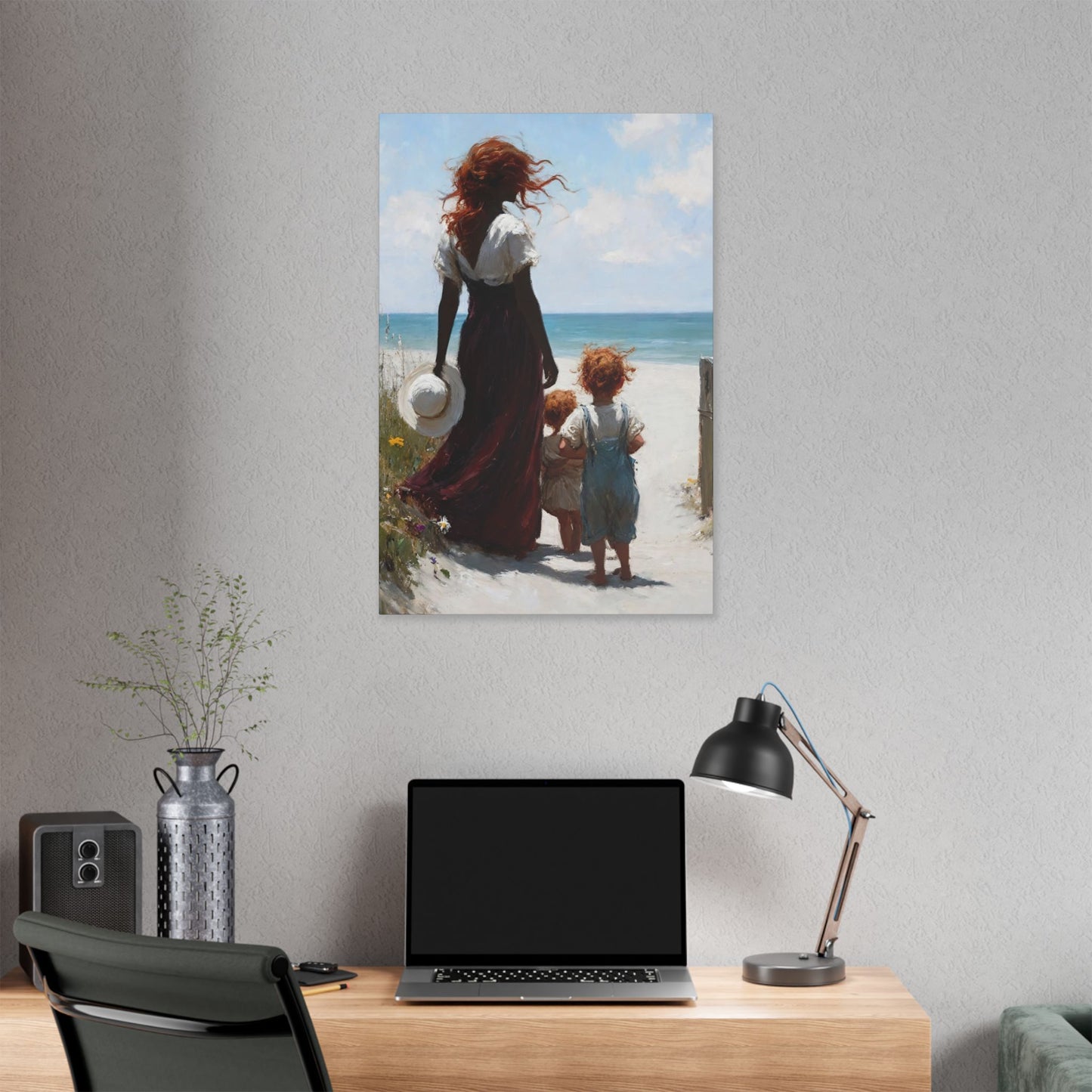 Beach Walk Canvas Print — Mother and Children Seaside Wall Art