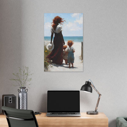 Beach Walk Canvas Print — Mother and Children Seaside Wall Art