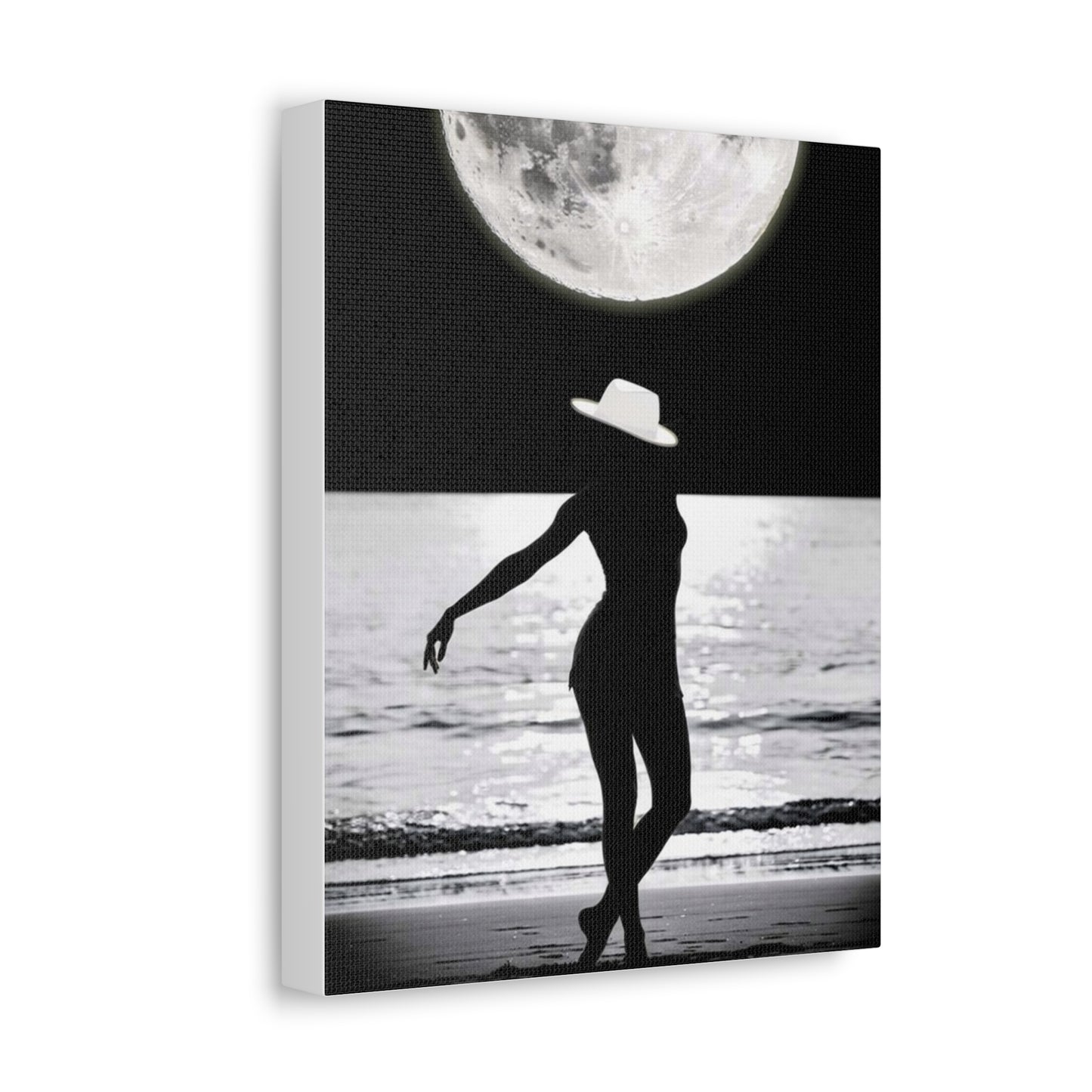 Silhouette at Moonlight – Beach Woman Stretched Canvas Wall Art