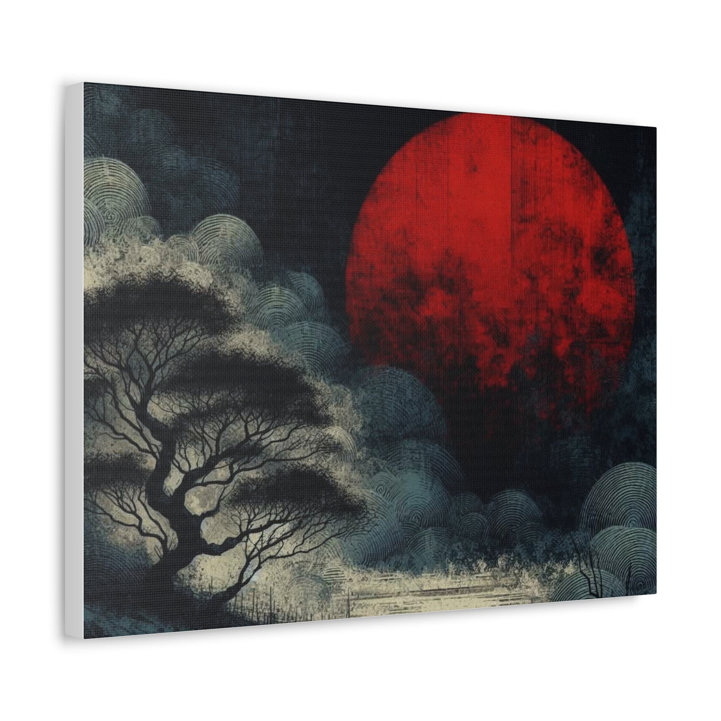 Red Moon Canvas Art — Japanese-Inspired Landscape Stretched Canvas