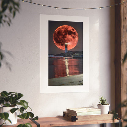 Red Moon Lighthouse Matte Vertical Poster — Surreal Coastal Wall Art